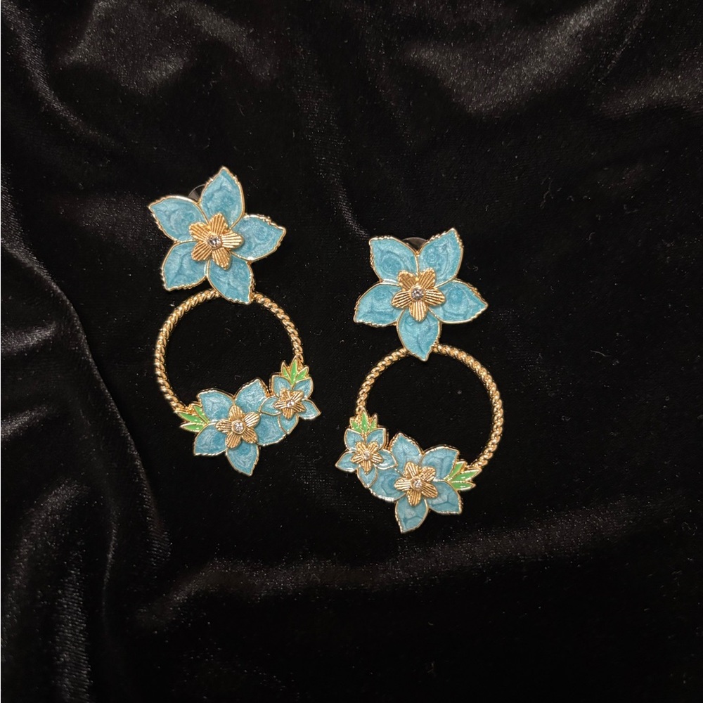 Blue Floral Hoop Earrings